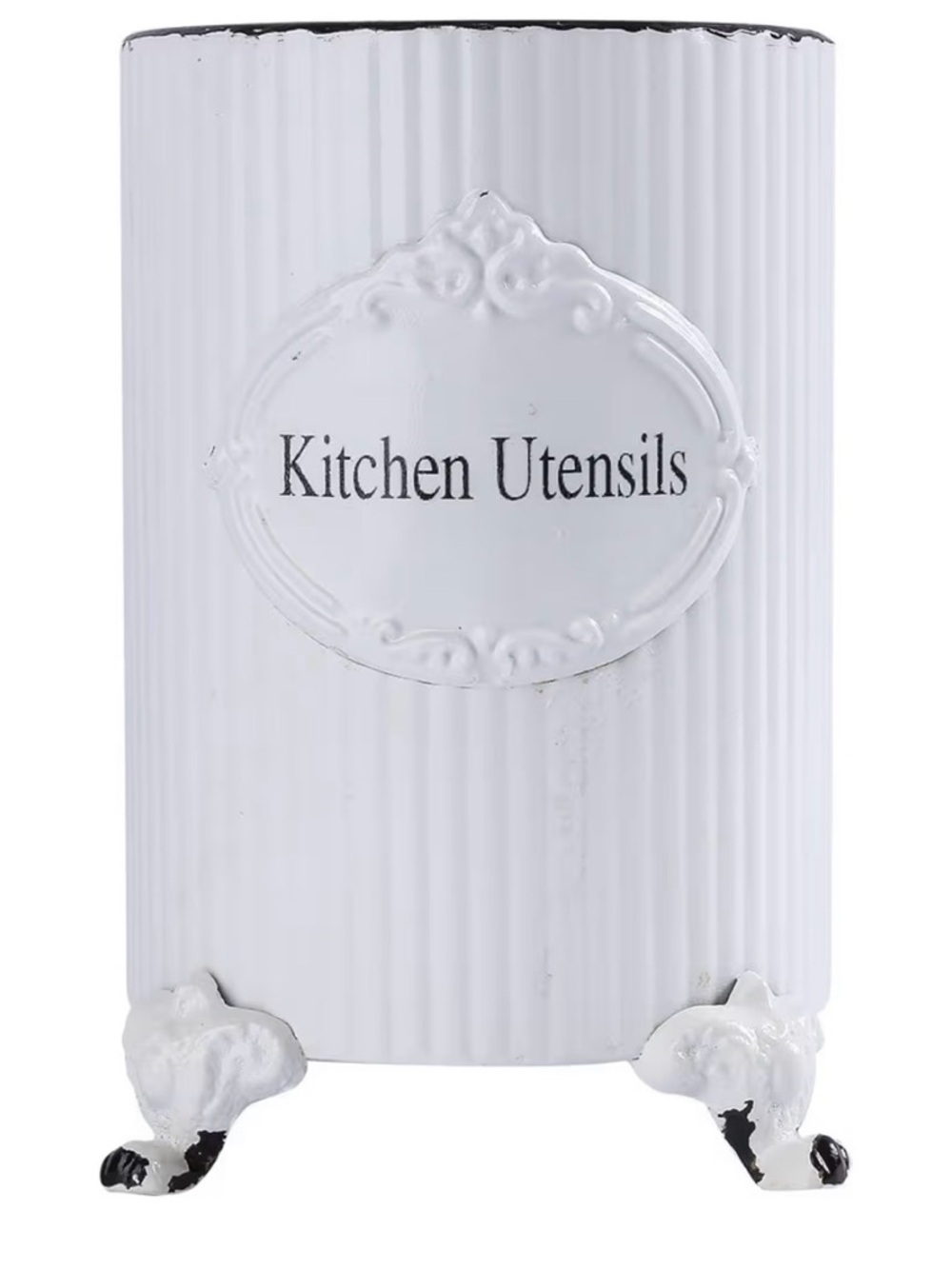 NIKKY HOME Metal Farmhouse Kitchen Utensil Holder Crock, 7" Tall, White